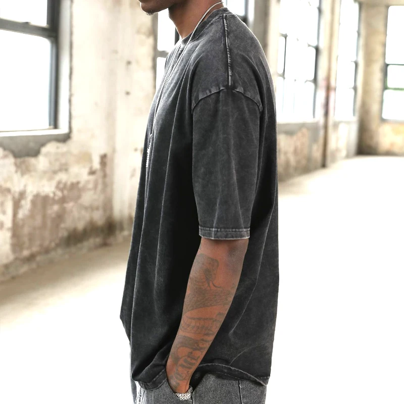 Высококачественная винтажная черная футболка из хлопка одежда для взрослых излишки запаса осеннего сезона от поставщика