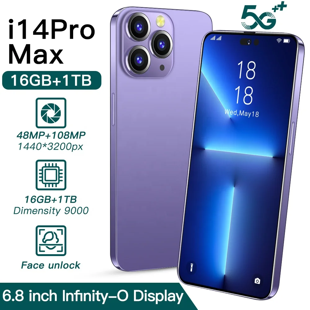 New i14 Pro MAX 6.8 16GB+1TBGB Android 12 7800mA Unlocking 4g Smart Cheap  Phone