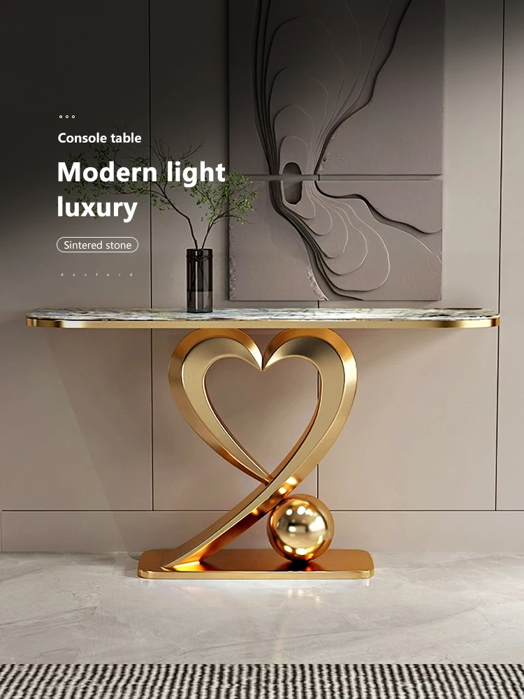 Luxury Entrance Table Shiny Metal Base Hallway Table Sintered Stone Top