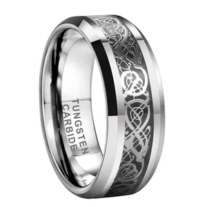 Coolstyle Jewelry 8mm Tungsten Carbide Rings for Men Women Engagement Wedding Band Dragon Inlay Beveled Edges Comfort Fit