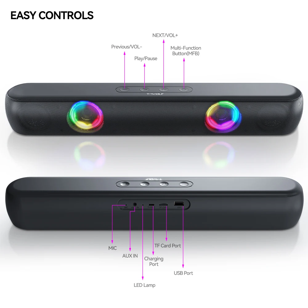 T-WOLF BT320 Wireless Speaker - RGB Lights & Bluetooth 5.0