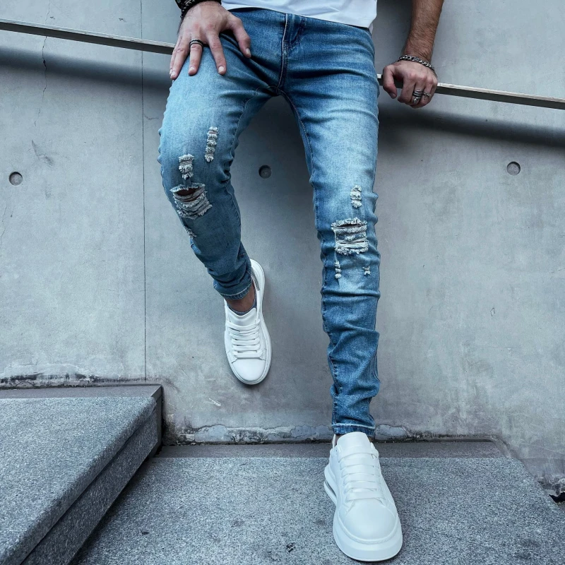 2023 Fashion Trouser Custom Men Denim Pant Hole Slim Stylish Mens Jeans