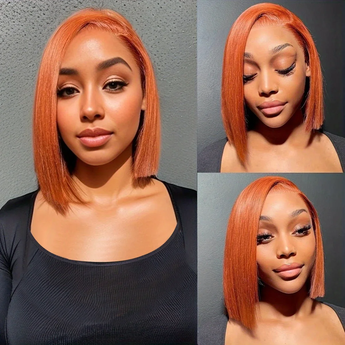 Ingwer-orangefarbene Bob-Perücke, transparente Spitze vorne, Echthaar-Perücken für Frauen, Remy-Haar_voghion.com