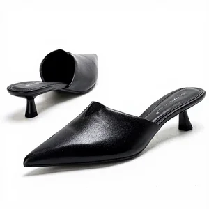 1702-10 Summer High Heeled Mule Sandals for Women Autumn New Pointed Toe Mule Heel Shoes Simple Style Black Light Weight PU