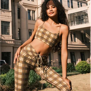 Unique Design Women High Waist Two-Piece Yoga Fitness Set Casual Plaid Short Top Chest Wrap Shock-proof Gym Bra Sets for Summer