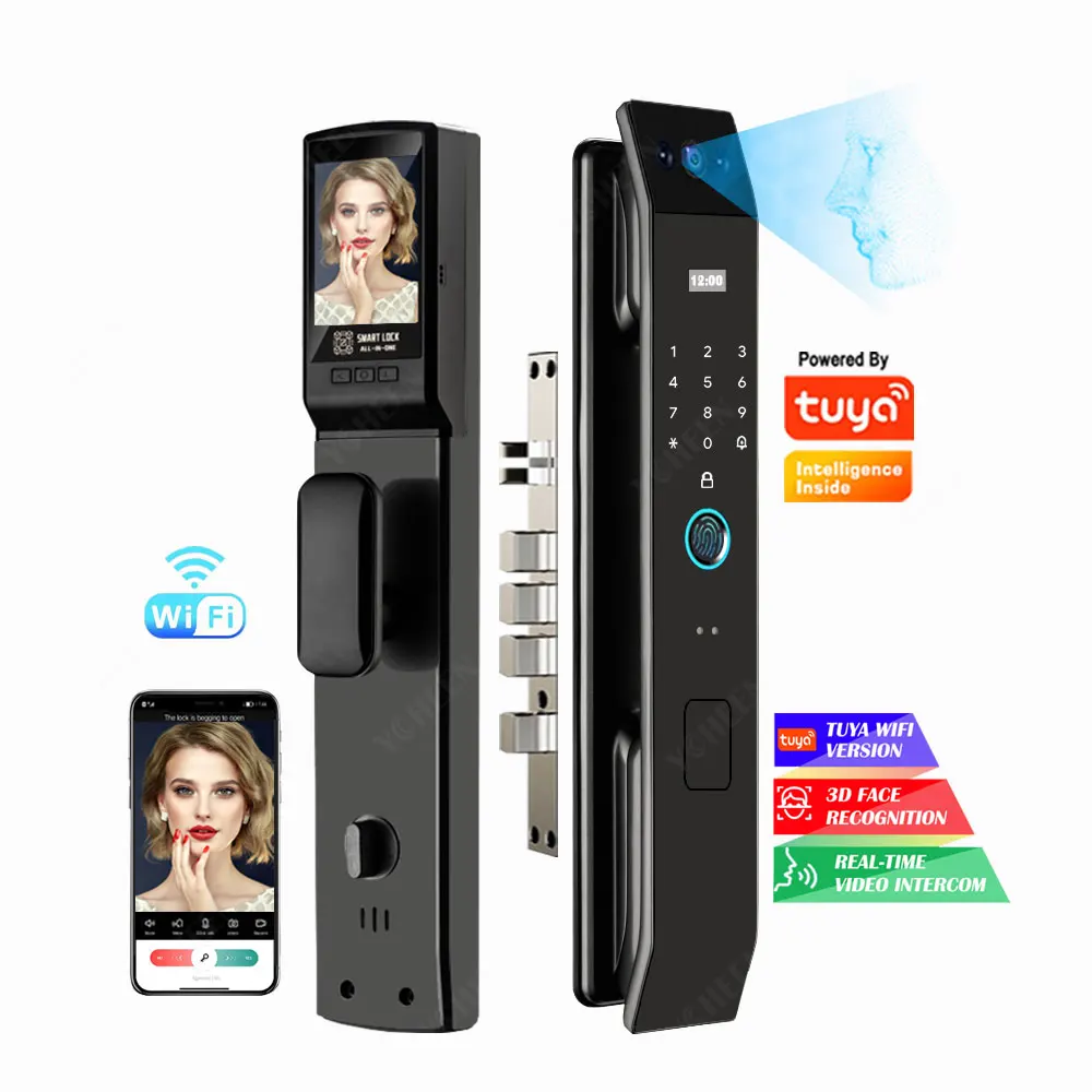 Biometric 3D Face Recognition Smart Door Lock With Camera Screen Tuya Wifi Fingerprint Combination Lock Nfc Rfid Key Card Lock