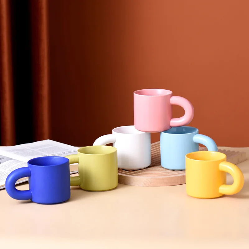 INS Style Macaron Candy Color Ceramic Coffee Mug Pangpang Fat Handle Mug Porcelain Milk Mug