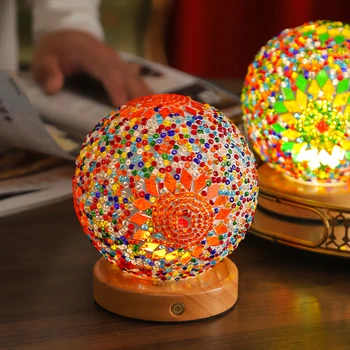 Night Light Spherical Turkiye Lamp Kit Bedroom Bedside Lamp Wooden Base LED Stained Glass Mosaic Night Light with USB Charger