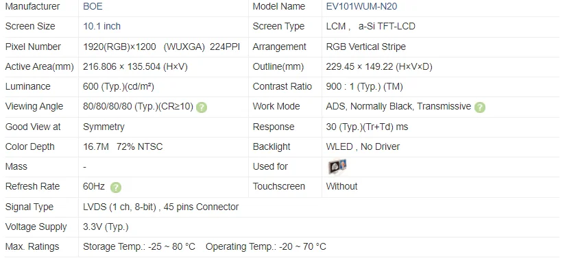 BOE 10.1 inch digital signage and display resolution 1920x1200  high brightness display 600cd/m2 lcd panel EV101WUM-N20 factory
