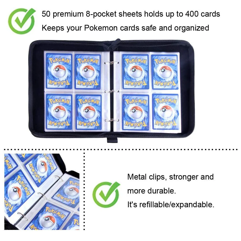 Trading Card Binder for Pokemon Cards Zipper case with 50 Premium 4-Pocket Sheets Holds up to 400 Cards Trading Card Binder for Pokemon Cards Zipper case with 50 Premium 4-Pocket Sheets Holds up to 400 Cards