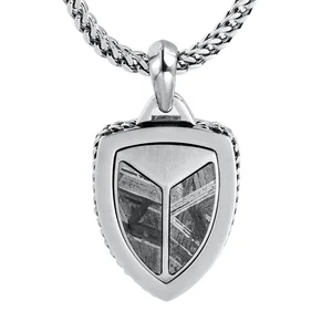 Classic Side-set Curb Chain Stainless Steel Themed Charming Pendant with Genuine Meteorite Inlay Shield Pendant Necklace for Men