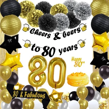 Kit Fiesta 80 Años – Globos, Guirnalda Y Pancarta Negra Y Oro | Happy Birthday