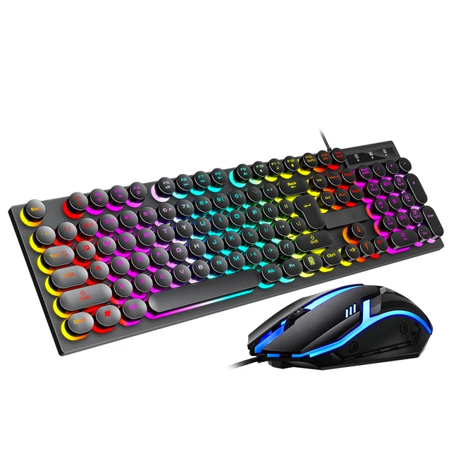 104 Keys Round Keycaps Gaming Keyboard Mouse Combo Gamer Keyboard Wired Office Computer PC Backlit Keyboard and Mouse