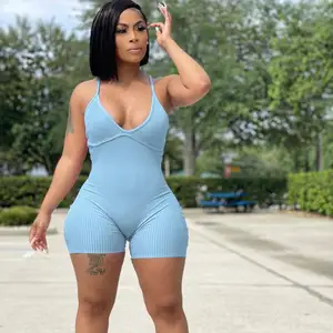 Women's 2023 Hot Solid Halter Jumpsuit Skinny Elastic Rompers with Hollow Shorts Knitted Overall Streetwear for Autumn