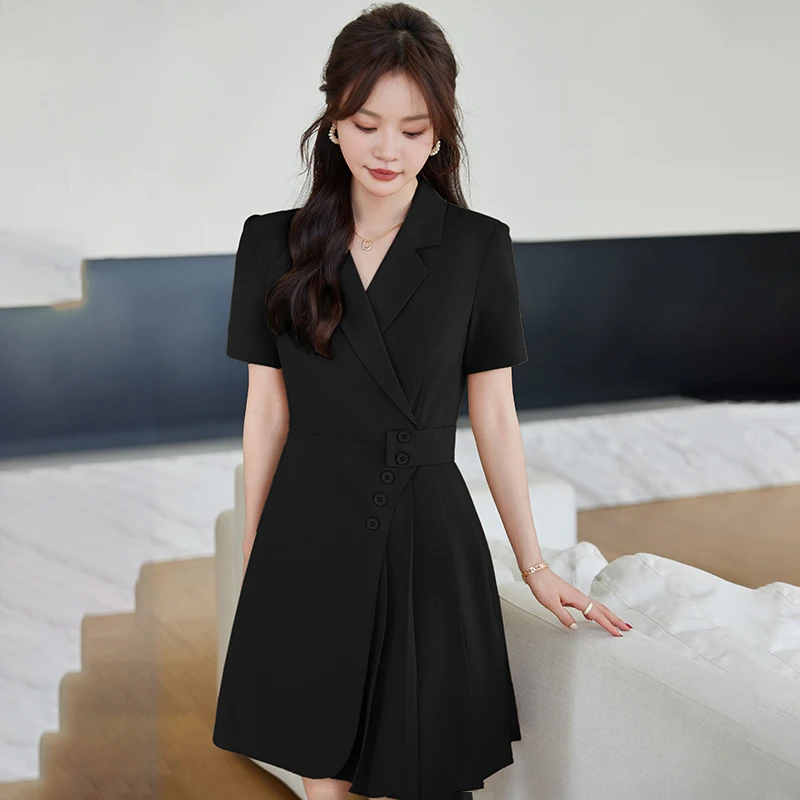 Elegant V-Neck Short Sleeve Blazer Dress with Pockets for Women Casual