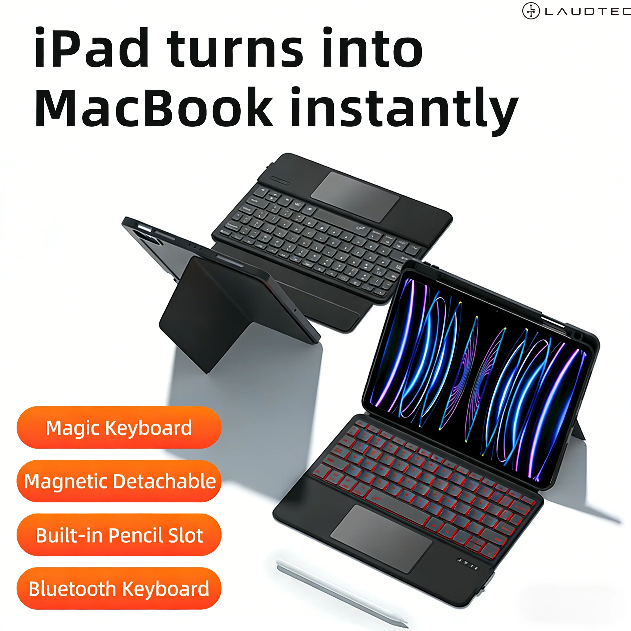 IPad用マグネット着脱式キーボードケース ペンホルダー付き 滑り止め設計 多段階角度調節可能スタンド 7色バックライト搭載 OEM/ODM/