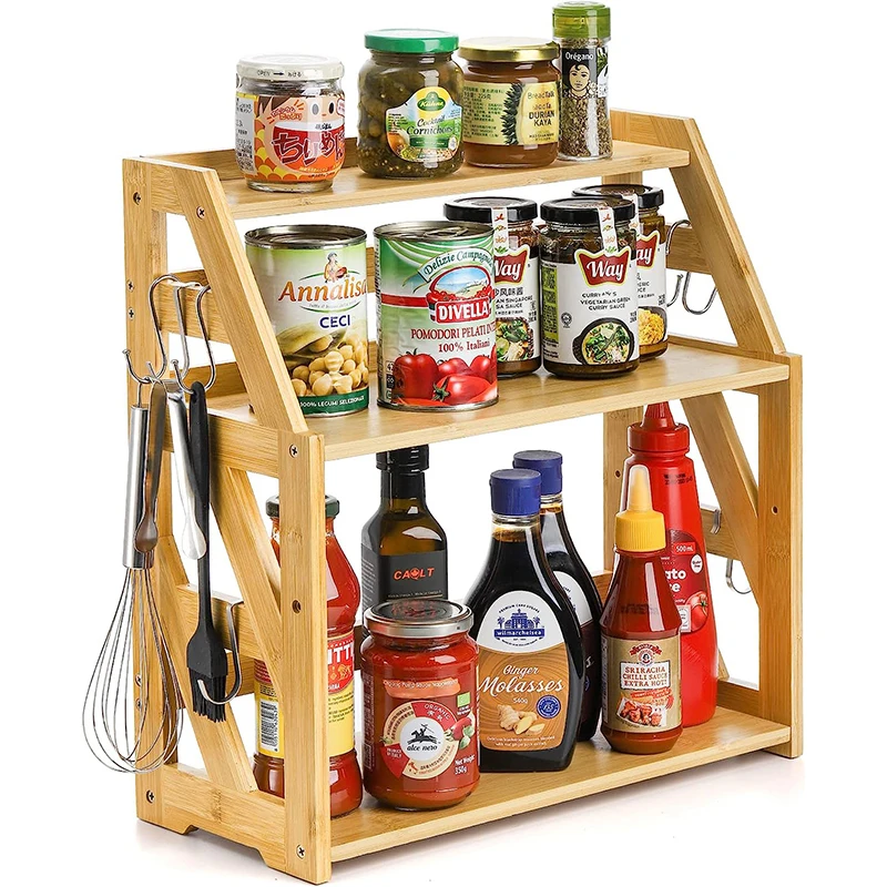 3-Level Bambu Spice Storage Rack Foldable and Multifunctional Food Container for Kitchen Counter Garage Sundries Storage