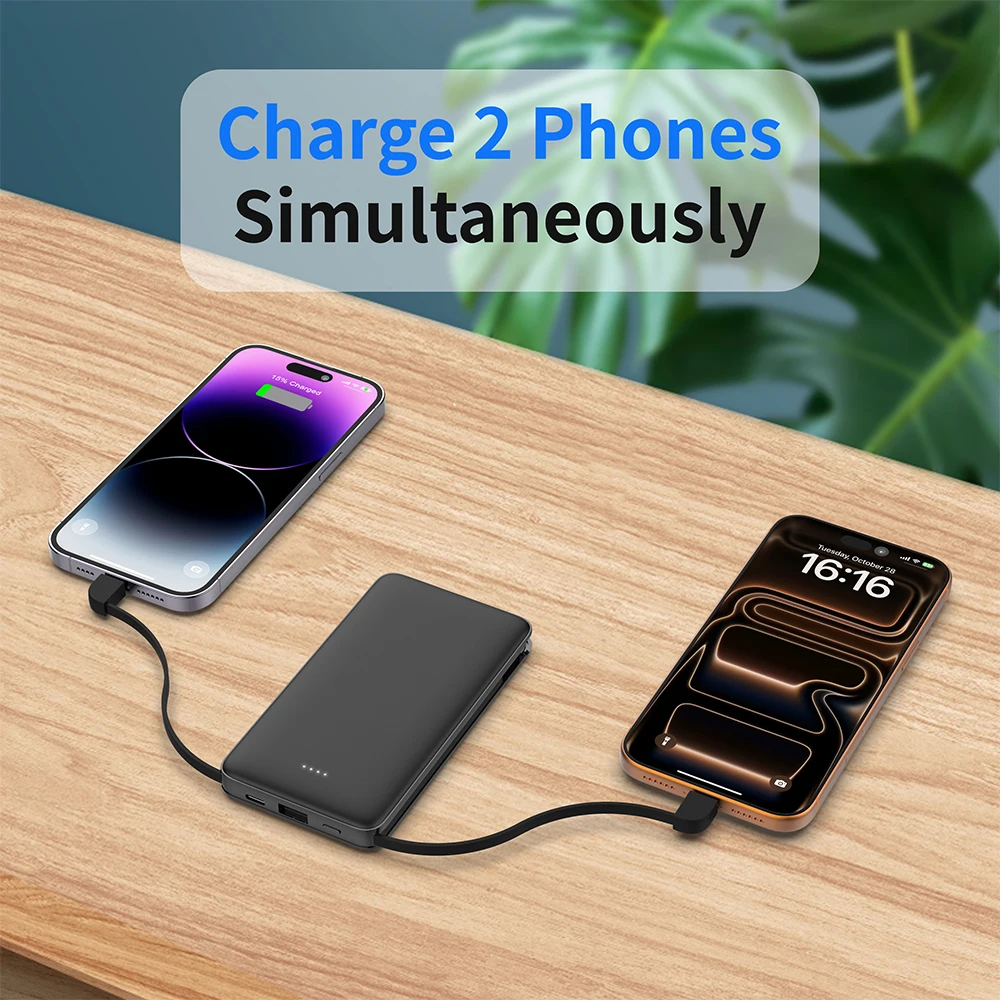Built-in 2-cable Power Bank 10000mAh 10W Fast Charging Portable Charger with Power Display Ultra-thin Black/White RSQ3-Ultra