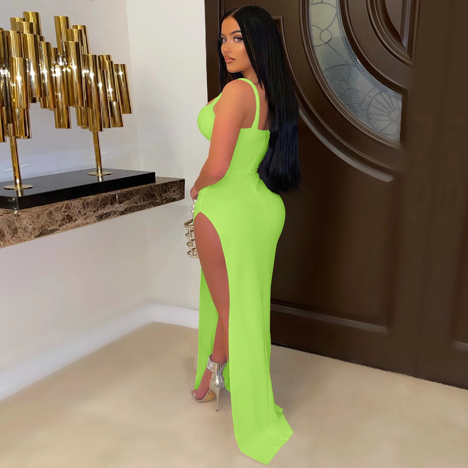 Новое поступление однотонное вечернее платье с V-образным вырезом и плиссированной талией длинное большим разрезом для