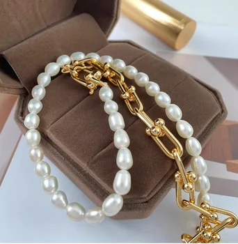 wholesale chunky chain freshwater pearl necklaces 316 stainless steel 18k gold plated freshwater pearl bracelet for women