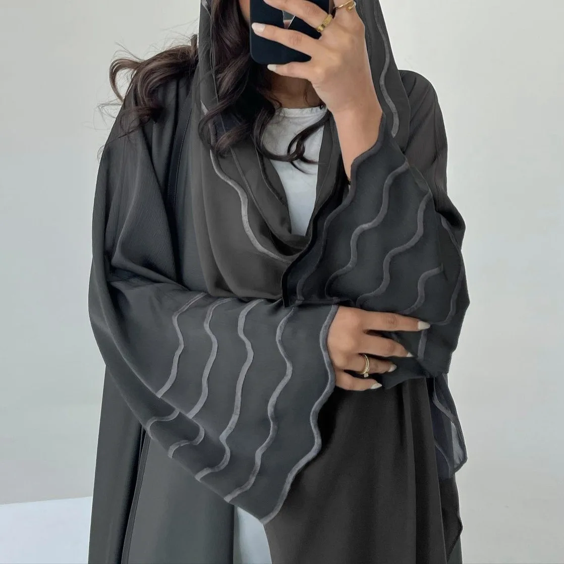 Women's Eid Muslim Wave Embroidery Hijab Abaya Long Dubai Kaftan Robe with Polyester Scarf Cardigan Party Dresses for Jalabiya