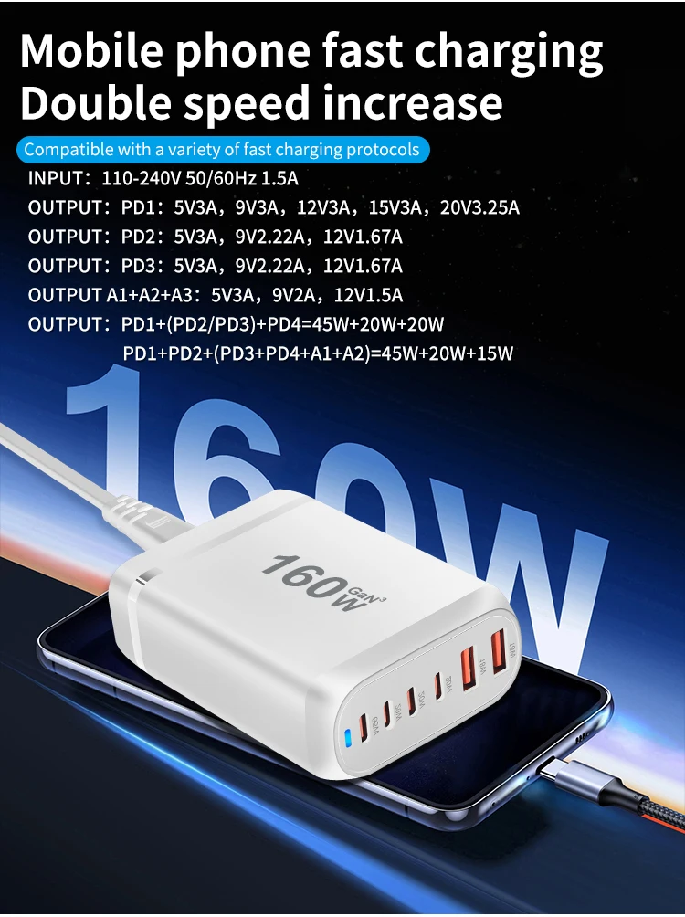 160W USB C充电器C型PD 65W GaN快速充电4 usb-c + 2 usb-a 6端口台式充电器站,用于手机平板电脑和笔记本电脑
