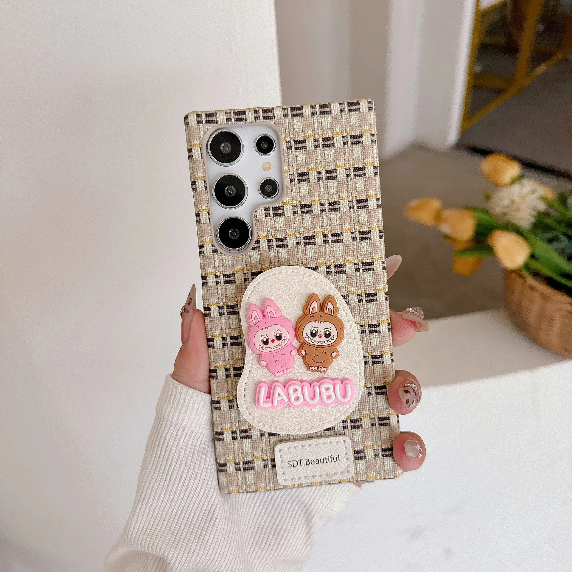 Cute Labubu Stand Woven Mobile Phone Case for Samsung Galaxy S25 S24 S23 ultra Sweet Cartoon Nylon Holder Shockproof Back Cover Cute Labubu Stand Woven Mobile Phone Case for Samsung Galaxy S25 S24 S23 ultra Sweet Cartoon Nylon Holder Shockproof Back Cover