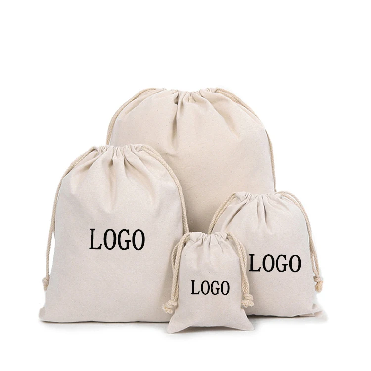 Custom logo printed organic natural design eco friendly reusable canvas cotton drawstring bag muslin