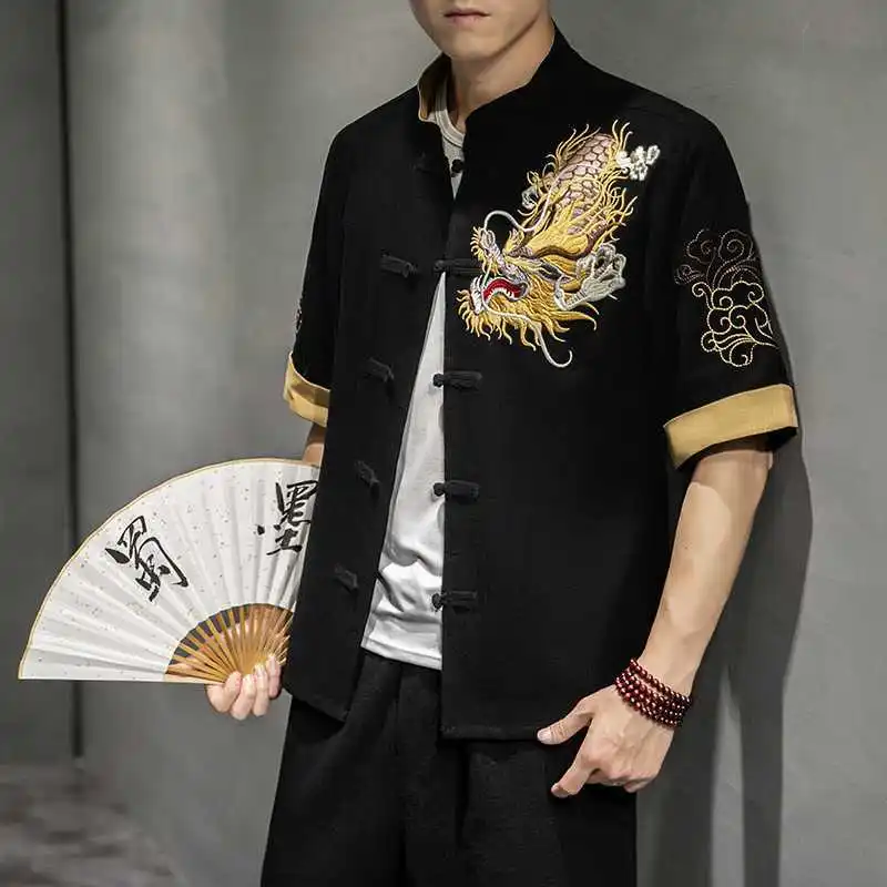 Men's Chinese Style Dragon Embroidery Tang Suit Frog Button Short