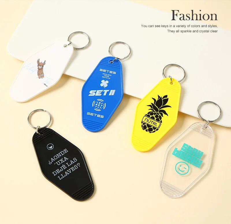 Plastic Custom Acrylic Vintage Motel Keychain Key Tag Hot Stamp Hotel  Keychains Blank Print Gold Key Ring Promotion Gifts