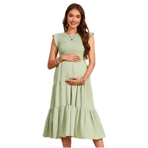 Summer Europe and the United States women's flying sleeve draw pleats layered short sleeve swing dress chiffon maternity dress