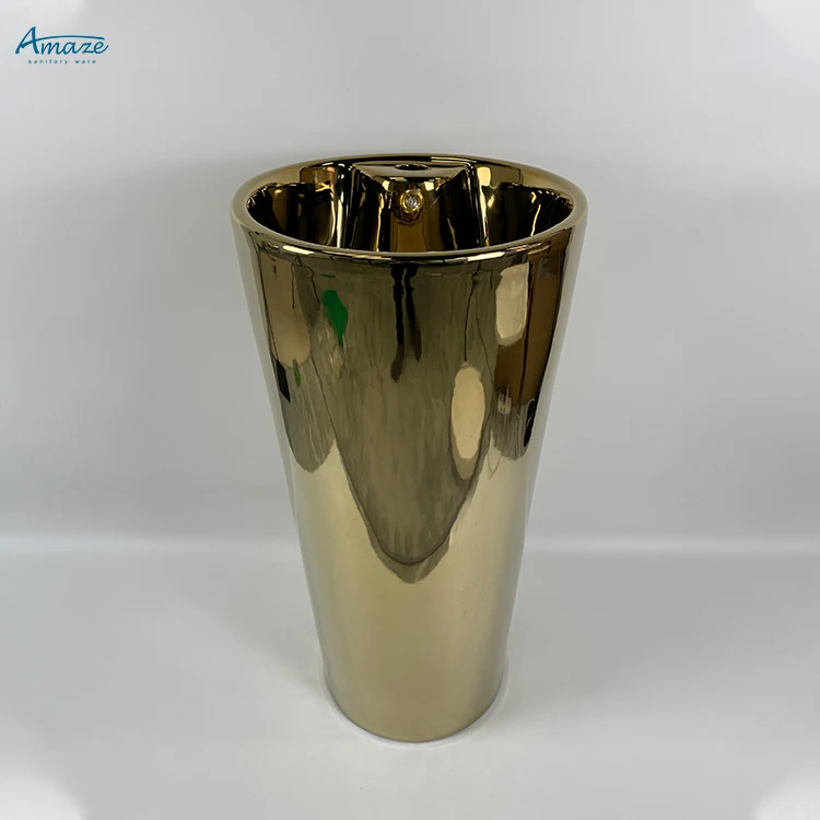 Luxury sanitary ware plated gold color basin bathroom sink ceramic full pedestal gold wash hand basin manufacture