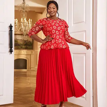 AM040711 Embroidery Lace Peplum Tops Women Pleat Red Long Evening Dress for Christmas