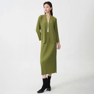 Fast Shipping Women's Fashion Set High Quality Top and Skirt Two Piece Office Set Miyake Pleated Set