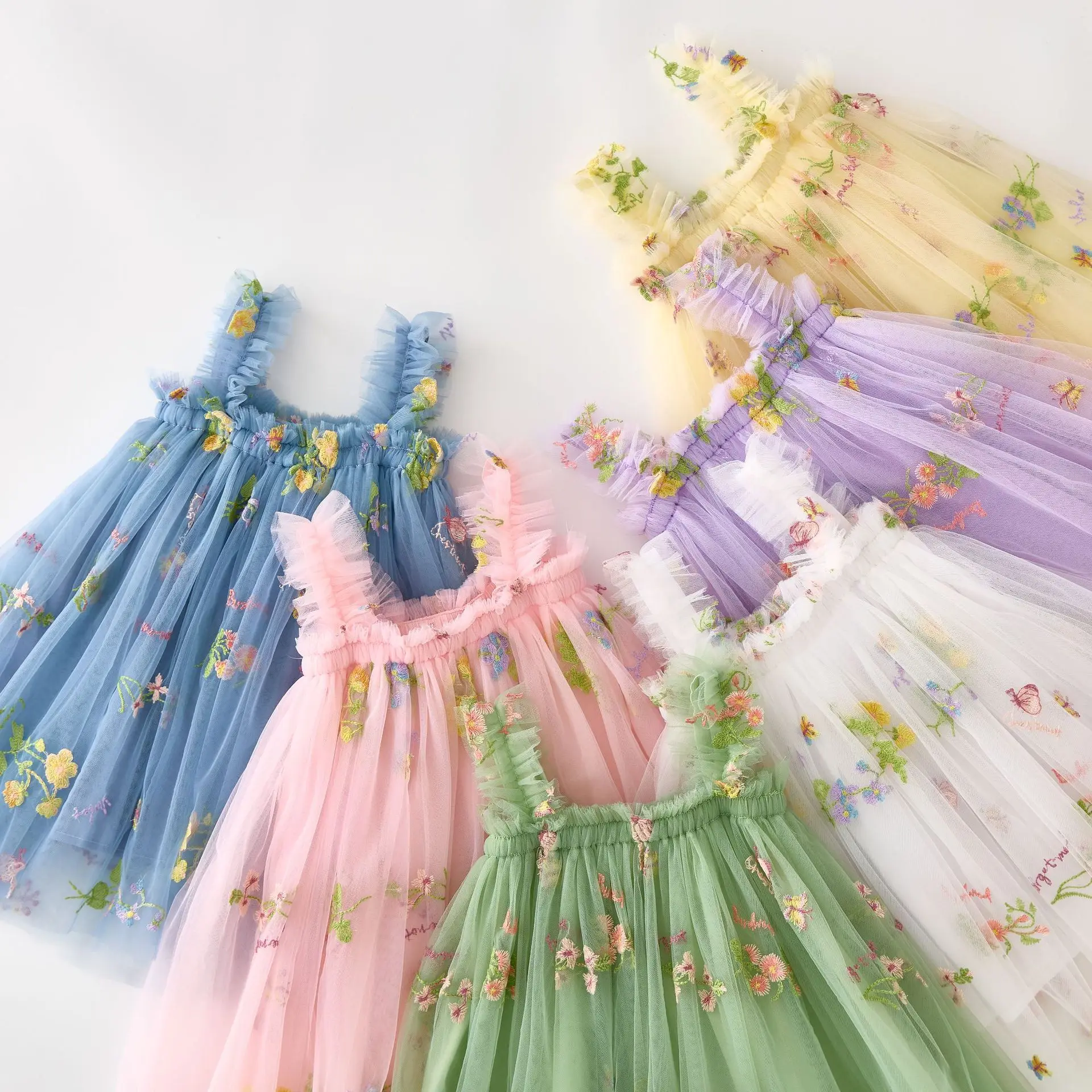 2024 Summer Tulle 3d Beautiful Embroidery Flower Girls Dress for Kids 1-6 Years