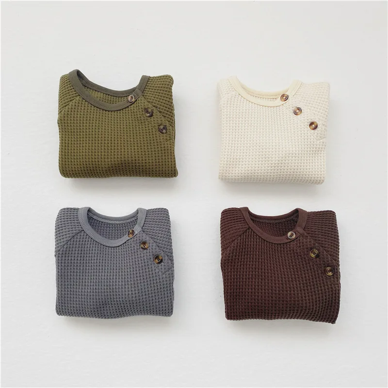 Spring and Autumn New Infant Baby Simple Waffle Loose Pullover Long Sleeve Top Sweater