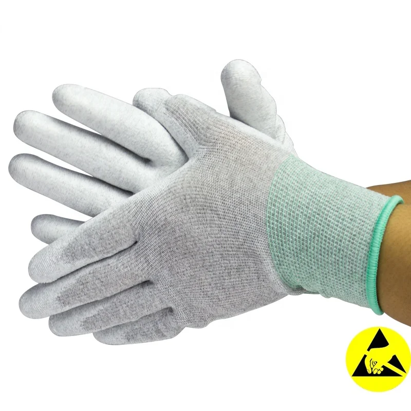 ESD Polyester Fabric Anti Static PU Palm Coating Palm Fit Gloves Carbon Gloves
