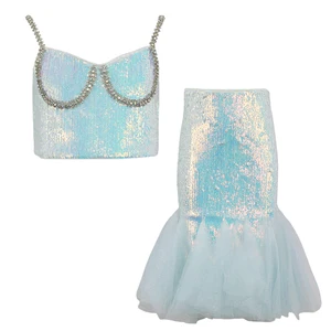 Customizable Girls Sequin Rhinestone Crop Top Mermaid Tulle Skirt Shiny Party Two - Piece Set Outfit
