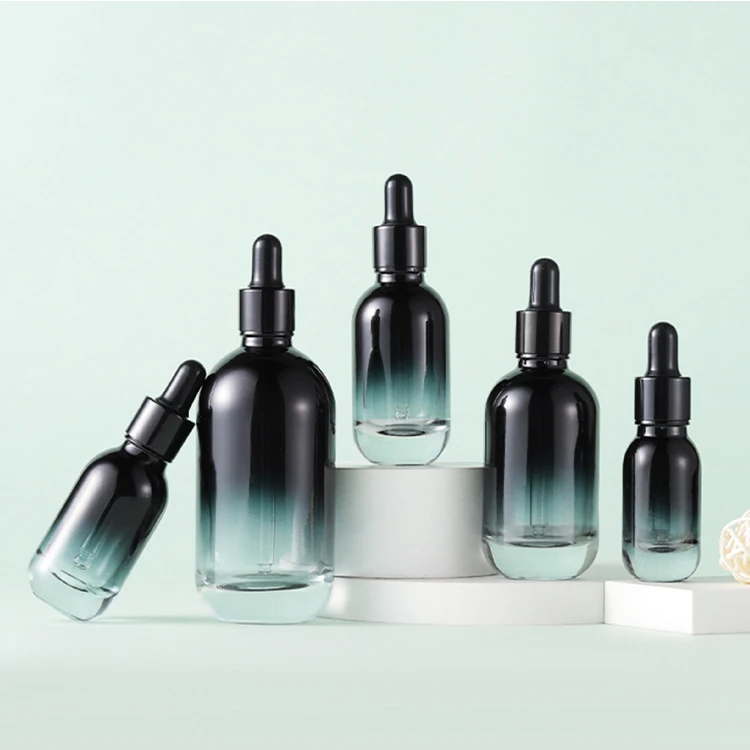 GB135 Wholesale OEM ODM Gradient Black Green Perfume Essential Oil Packaging Serum Glass Cosmetic Package Essential Oil Dropper Bottle