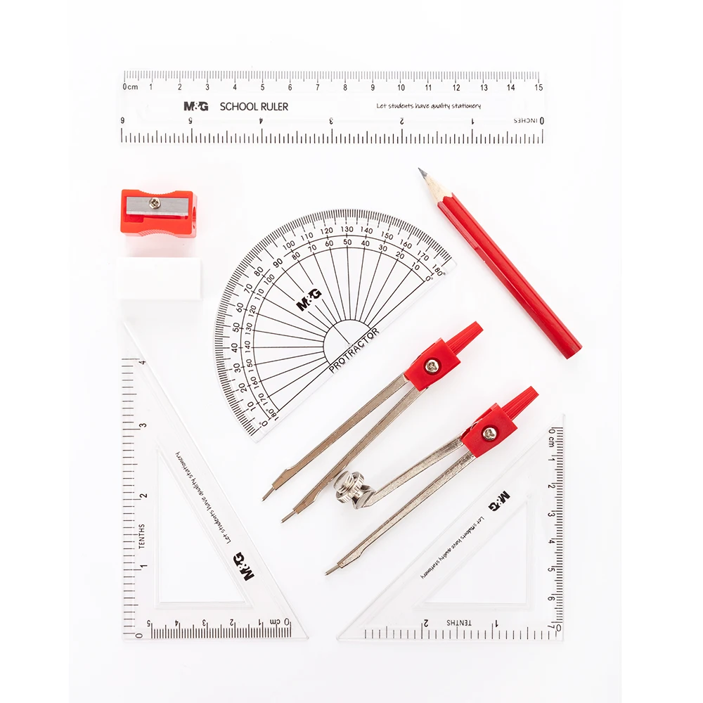 M&G Compasses Rulers Eraser Sharpener Pencil Timetable Metal Box Packing 10 Pcs Student Chinlden Math