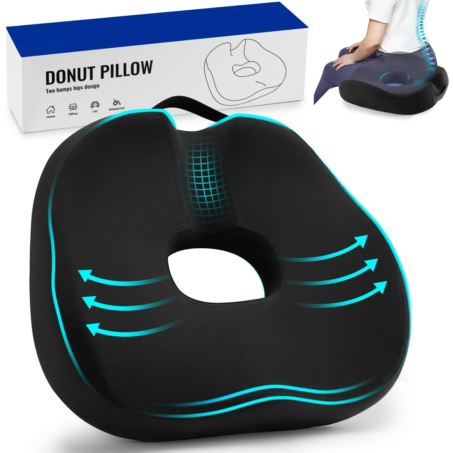 Black Large Size Ergonomic Design Memory Foam Seat Cushion Full Wrapped Car Office Chair Cushion Pain Relief Coccyx Seat Cushion