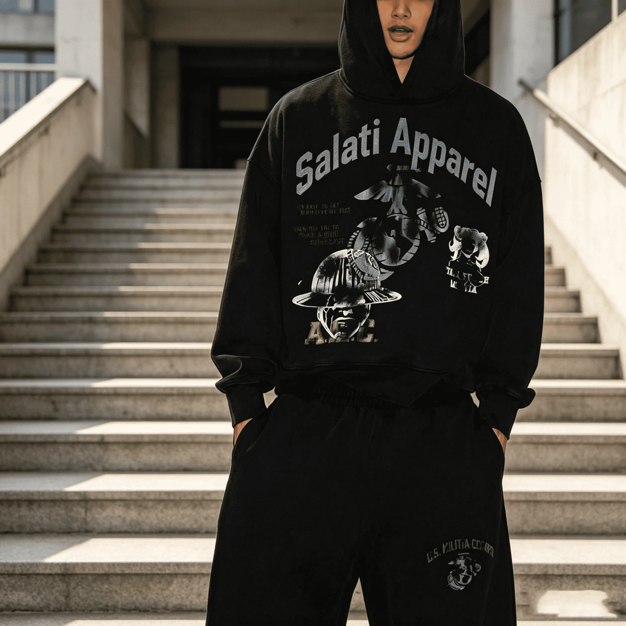 Custom Manufacturer Acid Wash Vintage Double Waist Rhinestone Hoodie Flared Sweatpants Regular Fit Men Tracksuits gallery 3