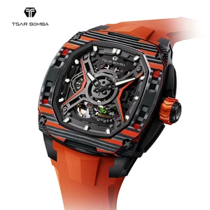 For Men's Luxury Carbon Fiber Square Sapphire Crystal Wristwatch Automatic Mechanical Water-Resistant Analog Dial Rubber