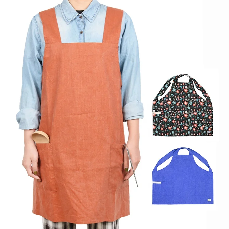CHANGRONG Custom Japanese Style Cross Back Cotton Linen Sleeveless Garden Bib Apron with Pockets for Cleaning