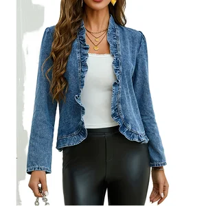 2026 Spring Summer Solid Washed Knitted Work Office Women's Open Front Ruffle Trim Long Sleeve Denim Cardigan Jacket