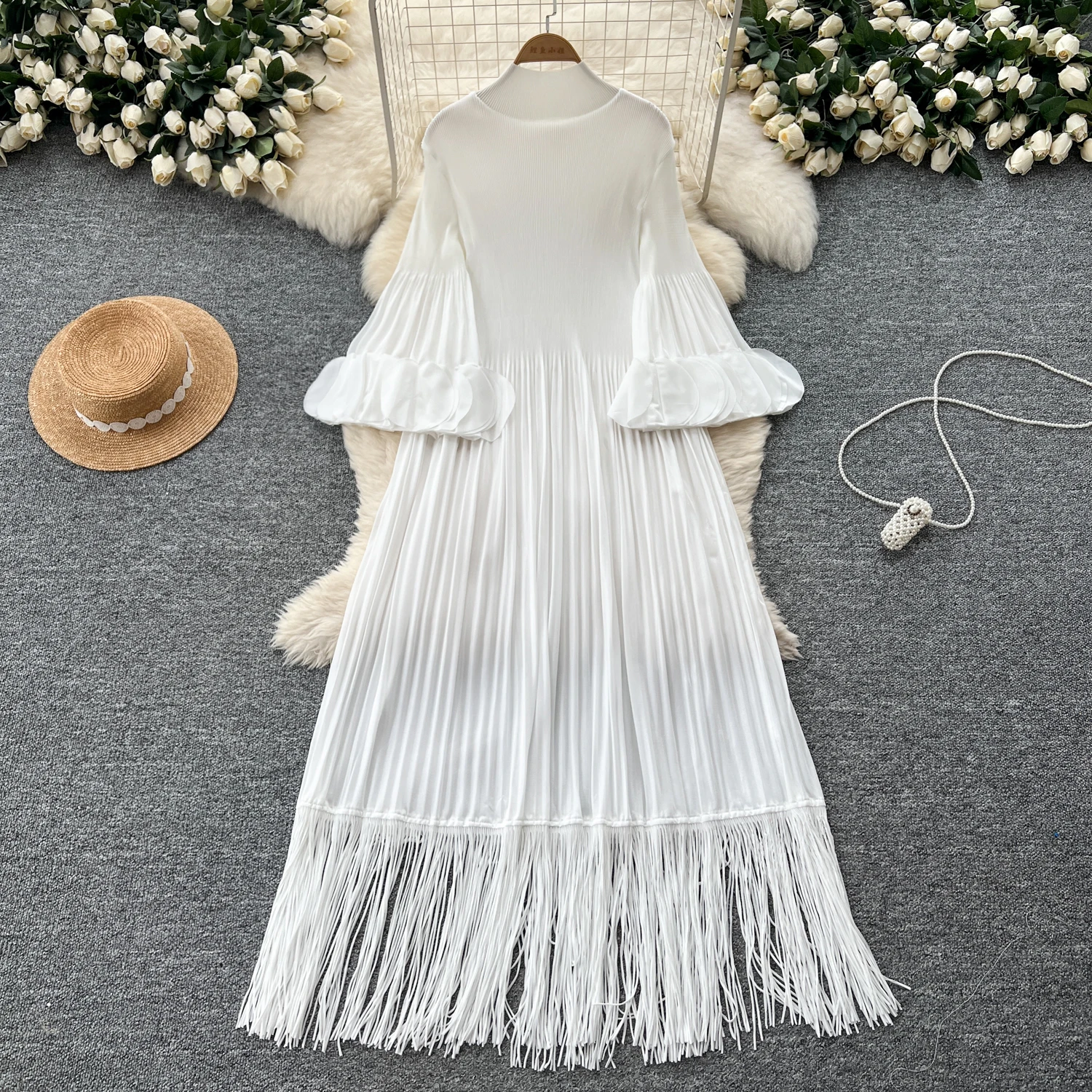 Pleated Dress Women'S Design Petal Sleeves Baggy Slimming Press