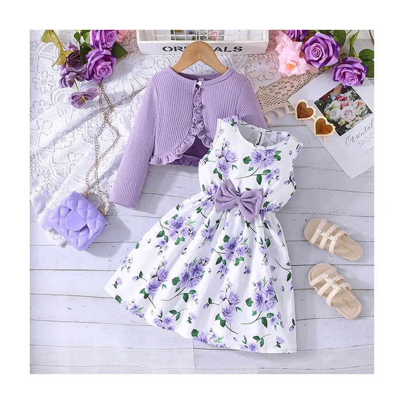 Elegant Bow Floral Dress & Cardigan 2-Piece Fall Outfits for Kids| Min Order 12 ct