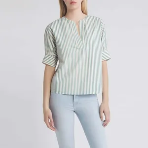 Clothing Manufacturers Custom Spring Summer Autumn Surplice Casual  V-neck Stripe Short Sleeves Popover Top