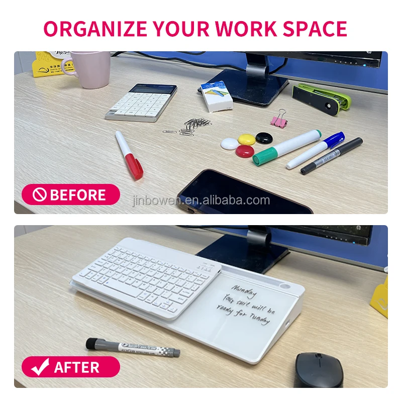KBW Small Glass Desktop White Board Dry Erase Board Computer Desk Pad Keyboard Stand Whiteboard with Drawer Desk Organizers