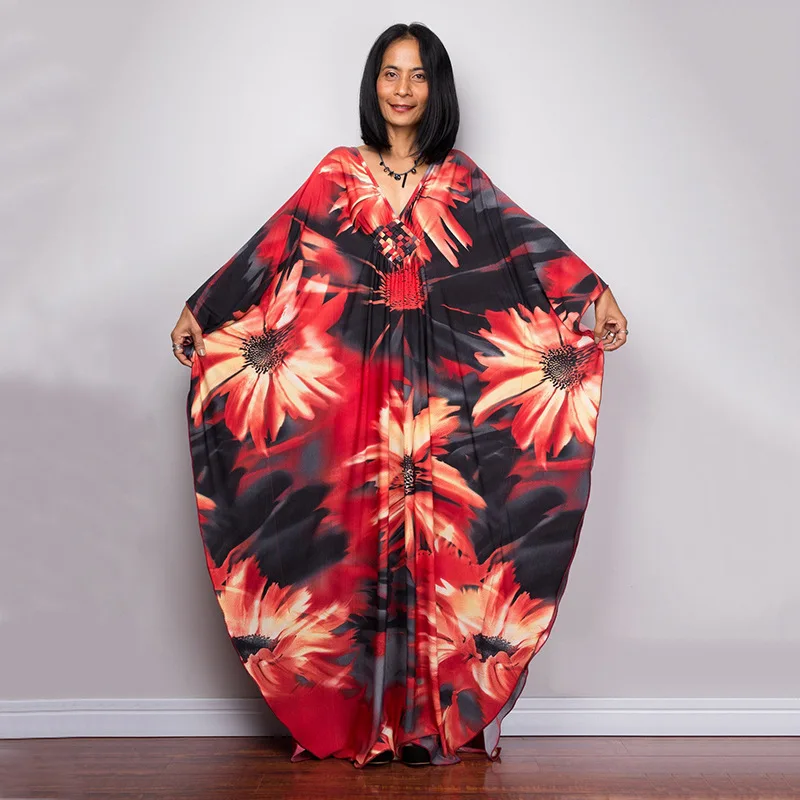 Luxury Women’s Beach Kaftan Cover Up – Colorful Print Maxi Dress with Bat Sleeves